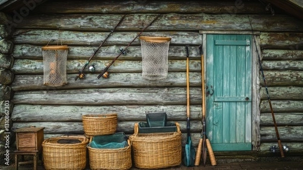 Fototapeta A rustic wooden cabin with woven baskets and fishing gear. The turquoise door invites exploration of a tranquil life. Nature meets functionality in perfect harmony. Generative AI
