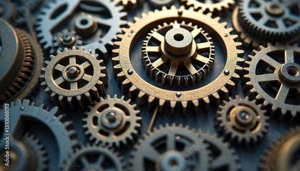 Fototapeta Intricate system of interconnected cogwheels complex thought processes. Turning gears mechanism in motion shows abstract idea of teamwork, collaboration, communication, creativity, innovation,