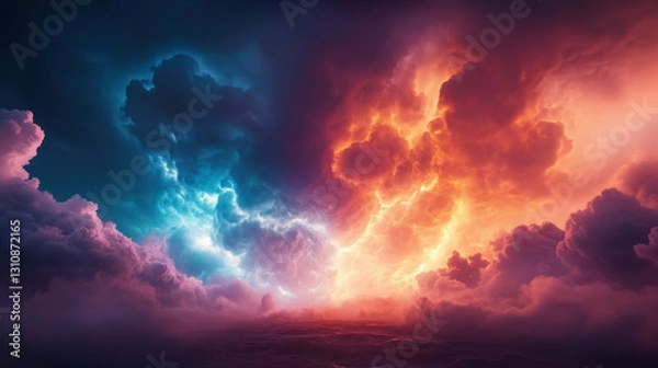 Fototapeta dramatic storm with multicolored clouds, showcasing vibrant hues of blue and orange, creates captivating and intense atmosphere. swirling clouds evoke sense of power and beauty