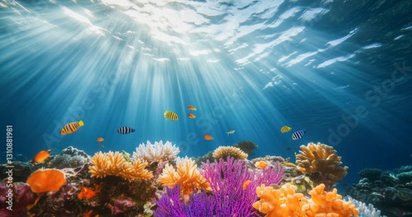 Fototapeta A stunning underwater scene showcasing a vibrant coral reef with colorful fish swimming among the marine ecosystem. Sunlight beams through the crystal-clear water, illuminating the ocean paradise.