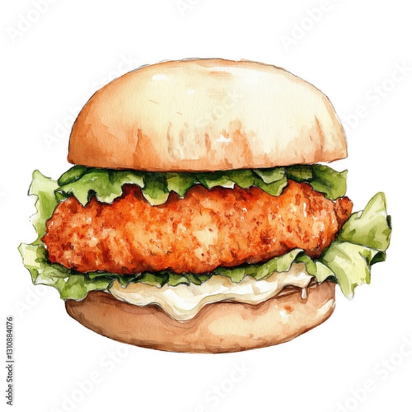 Obraz A watercolor illustration of a chicken sandwich with crispy lettuce and mayonnaise
