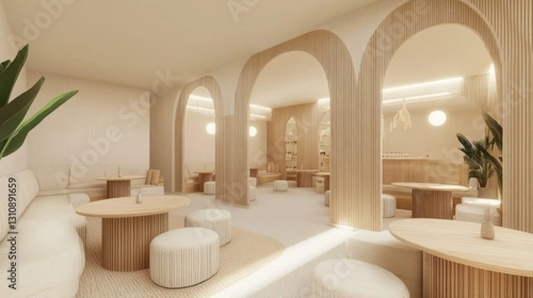 Fototapeta Minimalist caf with soft lighting, round wooden tables, and comfortable lounge chairs.