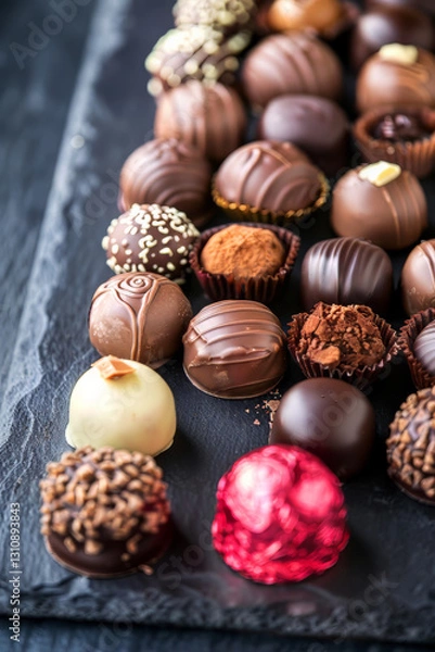 Fototapeta Assorted Gourmet Chocolate Truffles on Slate Tray