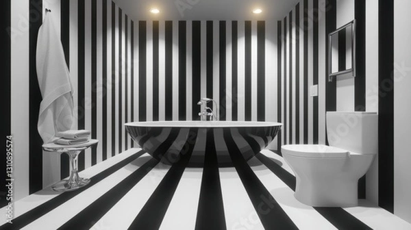 Fototapeta Luxury bathroom interior with pink walls with white bathtub and sink with vertical mirror standing in stylish bathroom in apartment with panoramic window on city view,3D rendering.