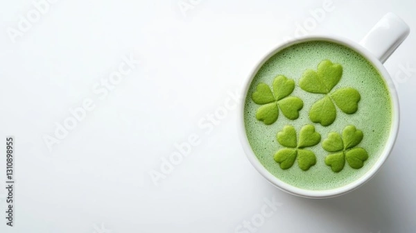Fototapeta Matcha latte with four clover cookie on white background,hot green tea,Lucky clover leaves,Patricks day watercolor clipart,Spring flower pattern,St. Patrick s day seamless pattern.