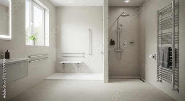 Fototapeta Accessible Walk-in Shower Design with Seat and Grab Bars for Safety