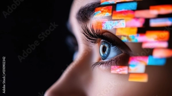 Fototapeta Futuristic AI Visual Interface Immersive Digital Transformation with Vibrant Pixel Overlay - Next-Gen Technological Visualization for Innovative Branding Strategies