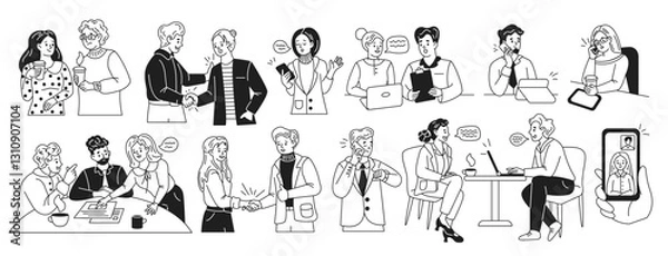 Fototapeta Business people engaging in activities linear icons collection. Showing diverse workplace interactions doodle characters set on white background
