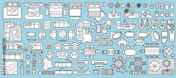 Fototapeta Vector illustration of furniture top view set including beds sofas tables chairs sinks bathtubs plants and decor elements. Ideal for interior designers and architectural planning.