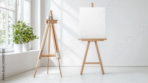 Fototapeta Empty canvas on easel in bright room.