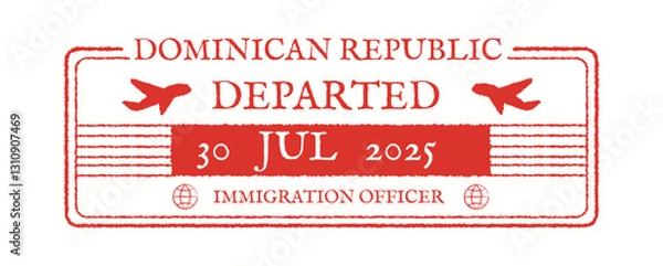 Obraz Red and white passport stamp indicating departure from Dominican Republic on 30 July 2025. Includes graphics of airplanes and text related to immigration.