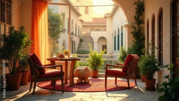 Fototapeta A cozy patio with Turkish cultural design, featuring wooden chairs with red cushions, a round table, potted plants, and an archway leading to a courtyard.