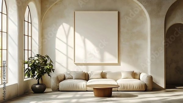 Fototapeta An empty rectangular frame mockup in a cream color, placed on the wall of a modern living room with three walls without windows. A beige sofa and a round coffee table are near it