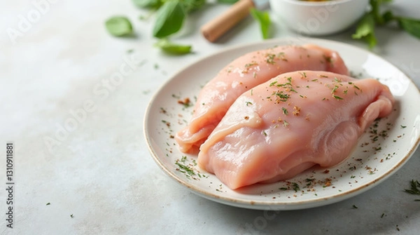 Fototapeta Raw chicken fillet on a plate on a light background with spices and herbs.