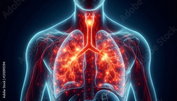 Fototapeta A 3D-rendered illustration of human lungs showing inflammation and constricted airways due to asthma, with a glowing red effect on the affected areas.