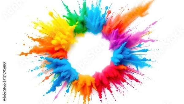 Fototapeta Colorful Dust Explosion Forming a Ring Against White Background Image
