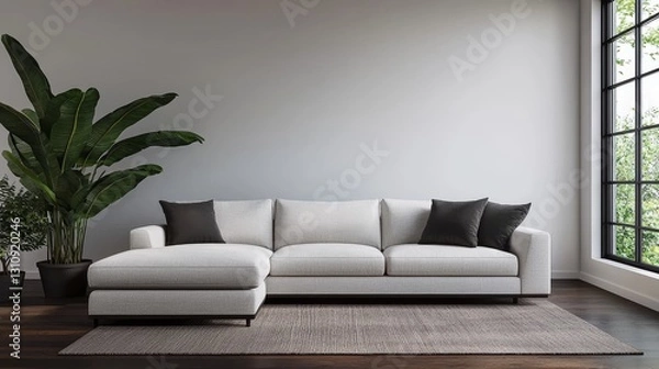 Fototapeta Modern living room concepts, Modern living room featuring a plush gray sofa, decorative cushions, and a large window with greenery.