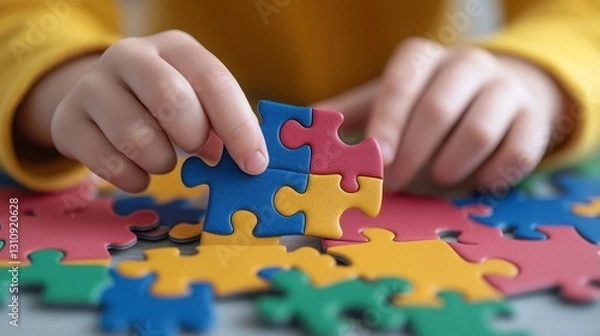 Fototapeta Inclusive classroom collaboration teaching concept. A child's hands piece together a colorful puzzle, showcasing focus and creativity in play.
