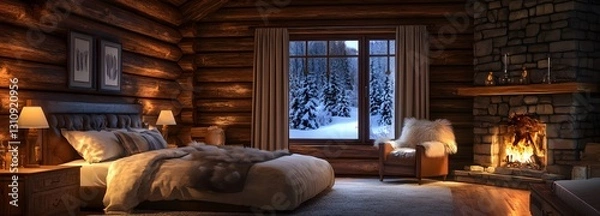 Fototapeta A cozy winter lodge bedroom with rustic log walls, fur-covered chairs, and a stone fireplace glowing warmly on an isolate background