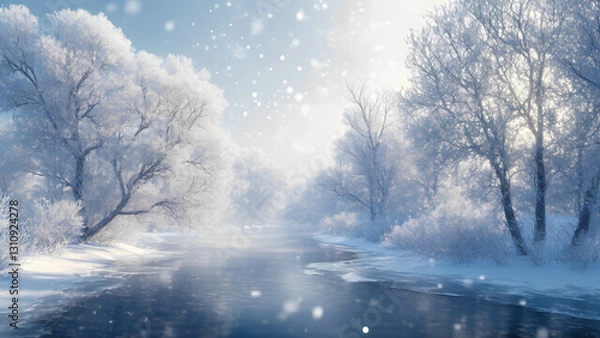 Fototapeta A frozen winter wonderland with frost-covered trees, a partially frozen river, and soft snowfall 