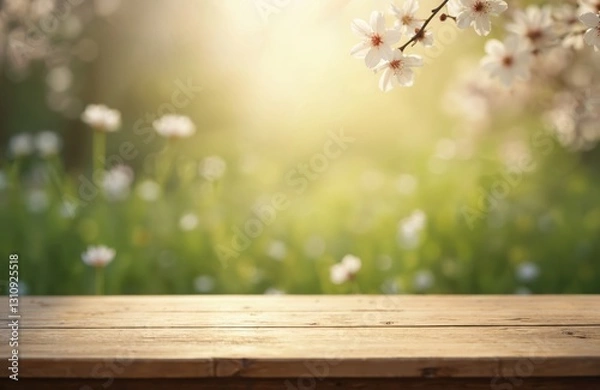 Fototapeta Rustic wooden table against blurred spring background with blossom flowers. Empty wood desk surface. Green bokeh backdrop. Sunny countryside nature scene with wood board surface for food presentation.