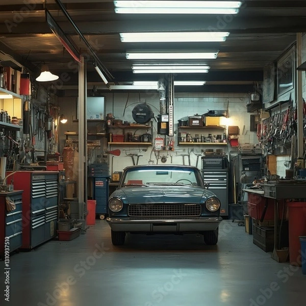 Fototapeta Vintage Car Mechanic Garage Workshop with Classic Automobile Tools and Nostalgic Charm