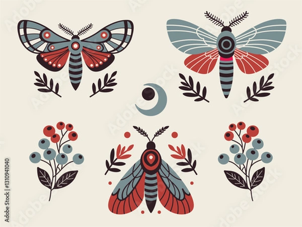 Fototapeta Intricate Folk-Art Vector Illustration of Moths with Nature-Themed Decorative Elements and a Warm, Vibrant Color Palette