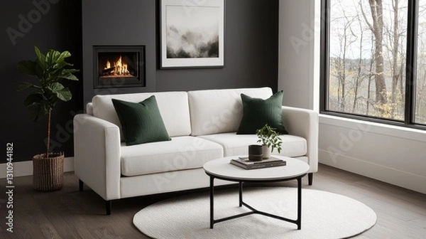 Fototapeta Modern Living Room Design with Cozy Fireplace and Green Accents