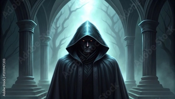 Fototapeta a mysterious figure cloaked in shadows, standing in an arched, ancient stone hall, with an eerie glow and a hint of the unknown