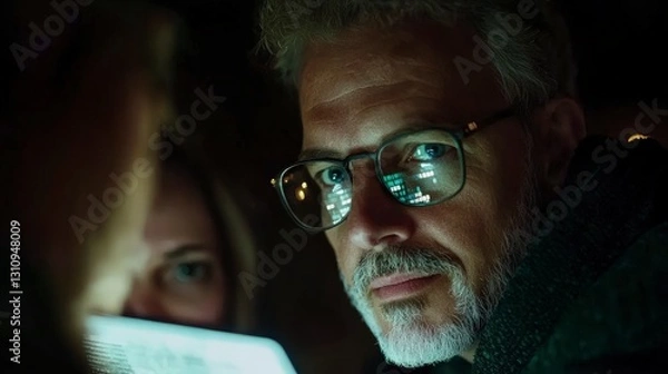 Obraz Focused Man   Woman Using Laptop  Night  AI  Customer Service  Tech Support