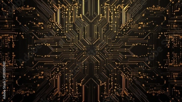 Obraz A futuristic, symmetrical circuit board pattern in gold on black
