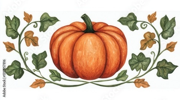 Fototapeta Hand-Drawn Pumpkin with Vines and Leaves on a Light Background