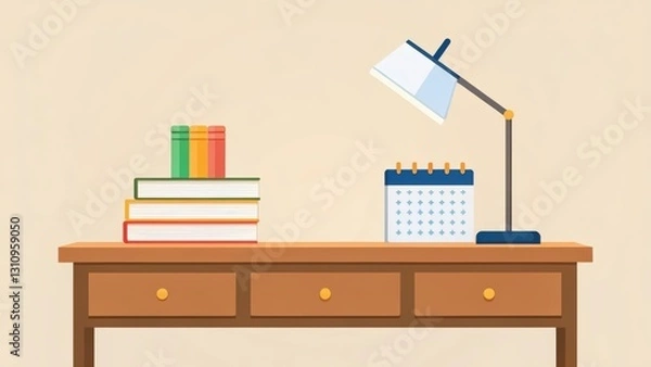 Fototapeta a desk with a lamp, a calendar, and a stack of books, a modern workspace. The lamp casts a warm glow, perfect for reading or studying