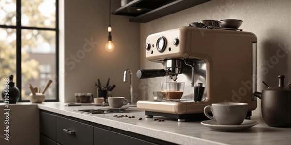 Fototapeta A mocha mousse-colored espresso machine with chrome accents sitting on a stylish countertop, surrounded by matching cups, saucers, and scattered