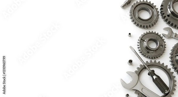 Fototapeta Mechanical Gears and Tools in Engineering Composition with Wrenches and Components on Plain White Background in PNG Style HD Minimal