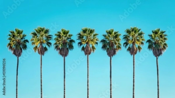 Fototapeta seven palm trees standing tall under a clear blue sky, in a row