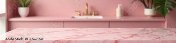 Fototapeta Elegant product display table on a pink marble top with blurred bathroom background, table, interior