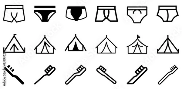 Fototapeta "Underpants, Tent, and Toothbrush Icon Set – Clean and Practical Vector Symbols"