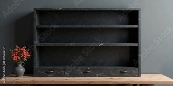 Fototapeta Dark wooden bookstand with empty shelves made of black granite sits alone on a minimalist desk, dark leather books, reading nook