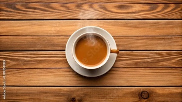 Fototapeta A cup of hot coffee on a wooden table with steam rising