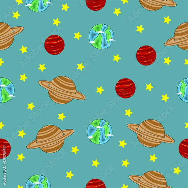Fototapeta seamless pattern with planet theme, cute cartoon vector with flat style