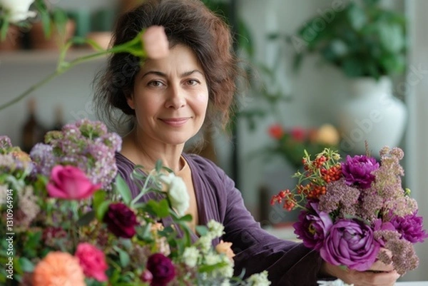 Fototapeta A middle-aged woman of Caucasian descent smiles while arranging colorful flowers in a cozy indoor setting.