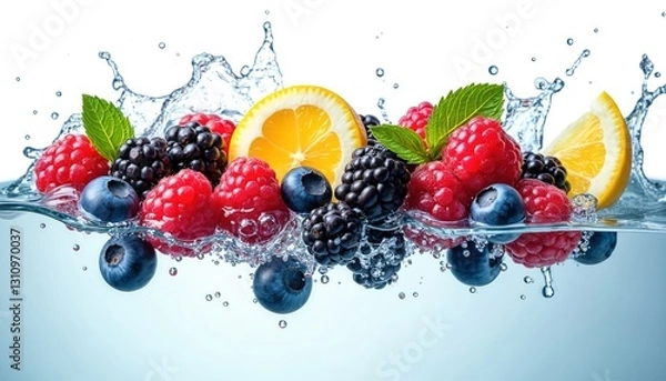 Fototapeta Mix of fresh berries, citrus with water splash. Raspberries, blueberries, blackberries, lemon slices, mint leaves falling into water against white background. Summer refreshing cocktail ingredients.