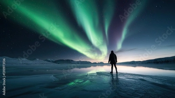 Fototapeta Aurora borealis northern lights idea. A traveler marvels at the stunning northern lights over a serene icy landscape.
