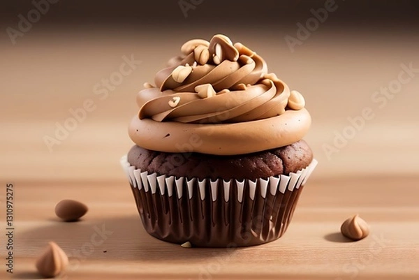 Fototapeta Peanut butter chocolate cupcake with frosting.