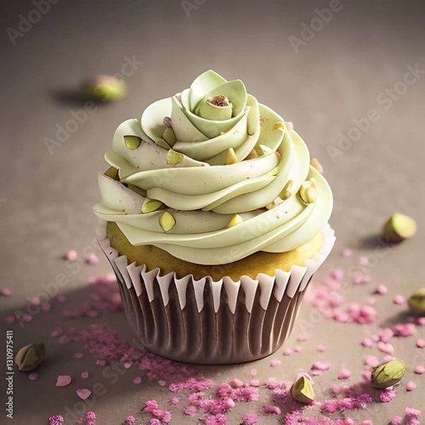 Fototapeta Pistachio rose cupcake with cream frosting.