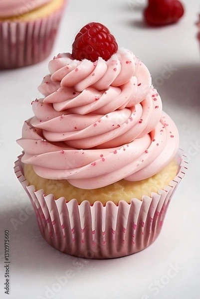 Fototapeta Raspberry cream cupcake with pink frosting.