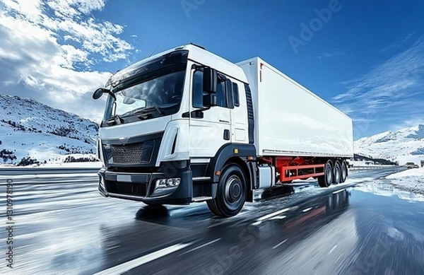 Fototapeta White delivery mini truck on highway over blue sky. , isolated on white background,  , copy space for text,