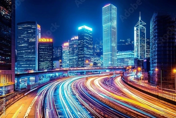Fototapeta Street traffic in Hong Kong at night , isolated on white background,  , copy space for text,
