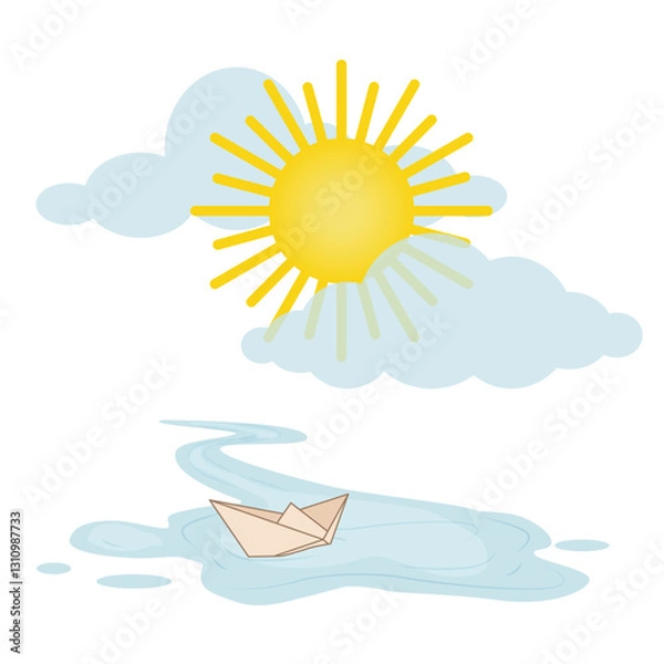 Fototapeta The sun peeks out from behind a cloud and looks at a paper boat floating on a stream after a spring rain. Weather themed vector illustration
